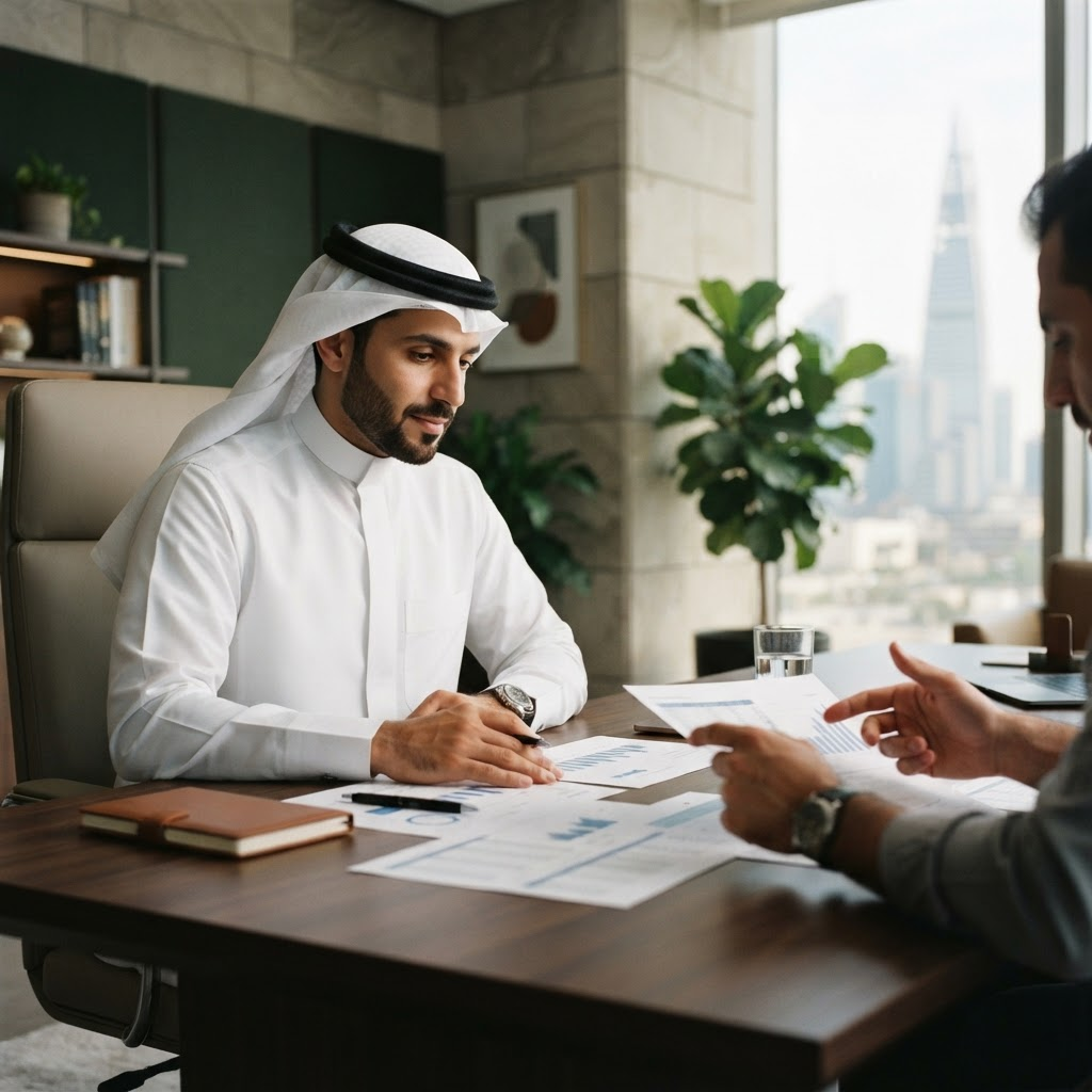 مستشار مالي سعودي يراجع المستندات مع أحد العملاء